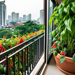 A vibrant balcony garden in a Bangkok condo, overflowing with Thai basil, chili peppers, and morning glory. Capture the urban setting with city buildings blurred in the background. Focus on the lush greenery and colorful flowers.