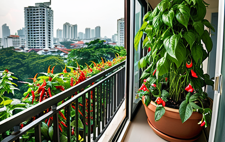A vibrant balcony garden in a Bangkok condo, overflowing with Thai basil, chili peppers, and morning glory. Capture the urban setting with city buildings blurred in the background. Focus on the lush greenery and colorful flowers.
