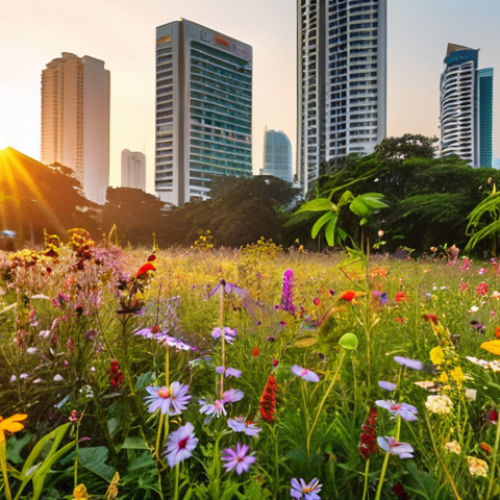 **A vibrant meadow of colorful wildflowers in a Bangkok park, buzzing with bees and butterflies, with modern buildings in the background, bathed in golden hour sunlight.** (Focus: biodiversity and urban nature)
