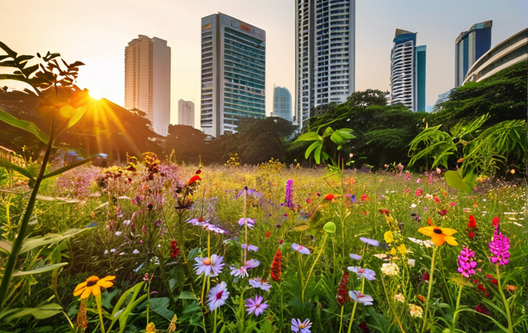 **A vibrant meadow of colorful wildflowers in a Bangkok park, buzzing with bees and butterflies, with modern buildings in the background, bathed in golden hour sunlight.** (Focus: biodiversity and urban nature)