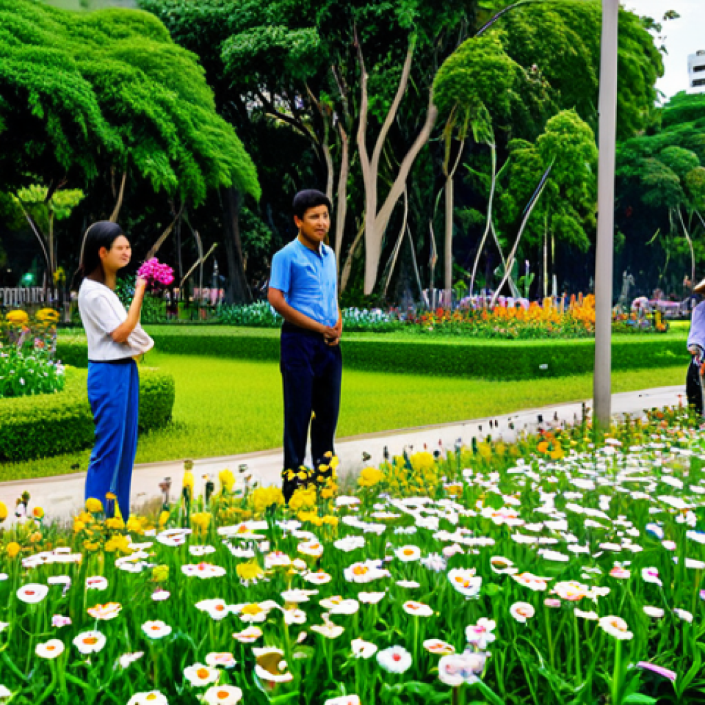 Urban Wildflower Garden**

"A vibrant wildflower garden in a Bangkok park, fully clothed families enjoying the scenery, modest attire, safe for work, appropriate content, perfect anatomy, correct proportions, well-formed hands, proper finger count, natural body proportions, professional photography, high quality."

**