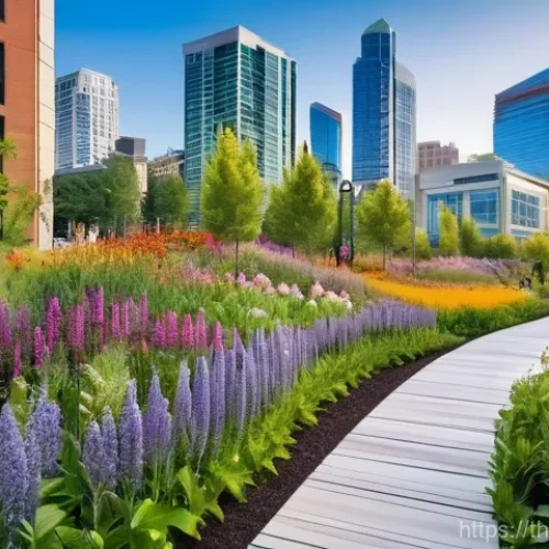 야생화로 만든 도시 경관의 성공 사례 - **Urban Wildflower Oasis:**
    A panoramic, photorealistic view of a modern urban landscape at mid-...