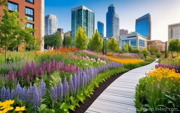 야생화로 만든 도시 경관의 성공 사례 - **Urban Wildflower Oasis:**
    A panoramic, photorealistic view of a modern urban landscape at mid-...